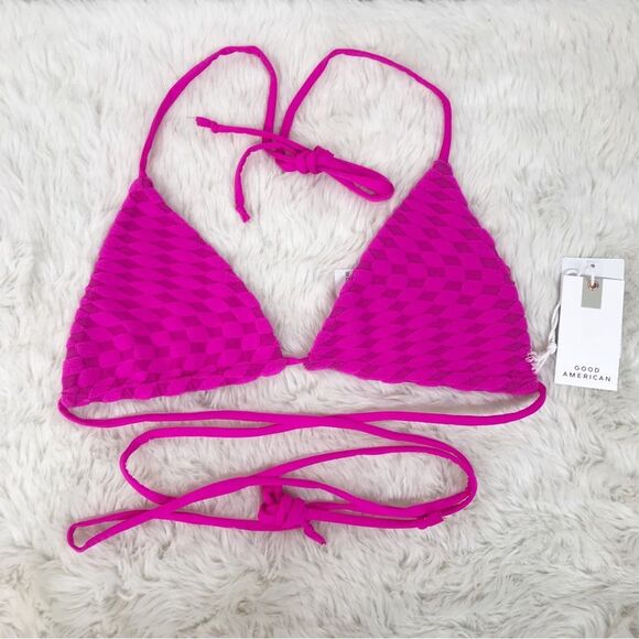 GOOD AMERICAN Hot Pink Triangle String Bikini Waist Tie Jacquard Large 3 New - Picture 3 of 10